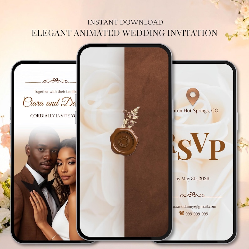 Pu&ograve; includere: Tre schermi di smartphone che mostrano un elegante invito di matrimonio animato. L'invito presenta una coppia, un sigillo di cera e il testo "INSTANT DOWNLOAD ELEGANT ANIMATED WEDDING INVITATION". L'RSVP include il testo "by May 30, 2026".