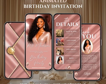 Girls Birthday Invitation Digital, Modern and Elegant Rose Gold Canva Video Invite, Instant Download.