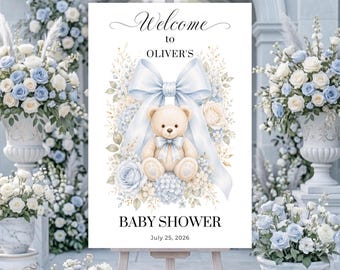 Teddy Bear Baby Shower Welcome Sign, Boy Canva Template Poster, Digital Download.