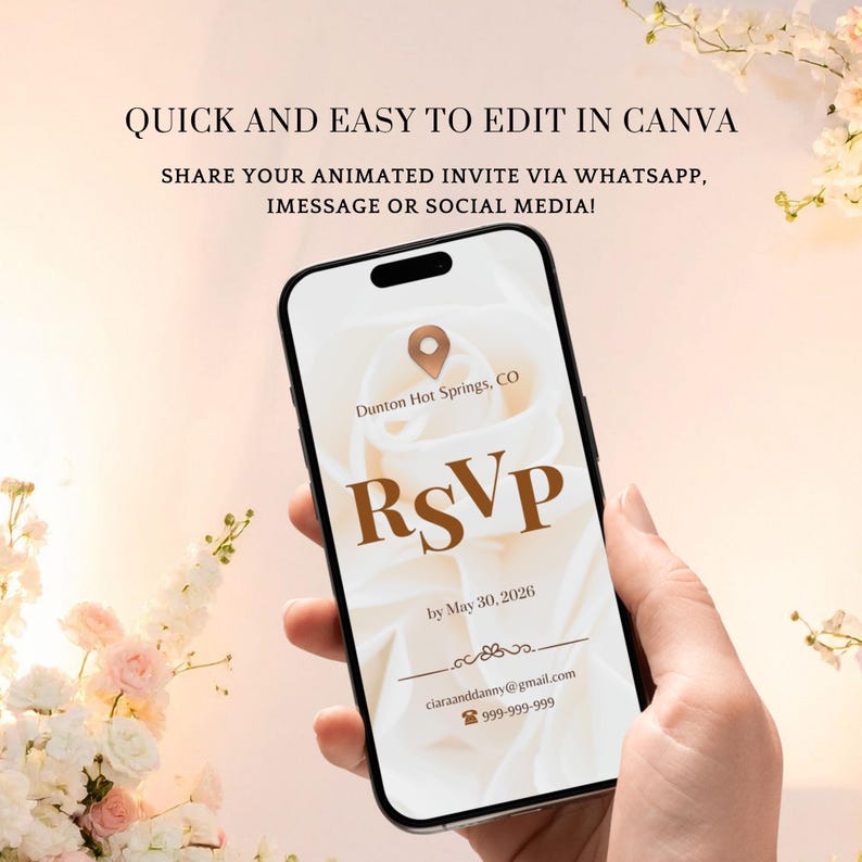 Pu&ograve; includere: Uno smartphone mostra un invito RSVP con il testo: "Quick and Easy to Edit in Canva." L'invito include i dettagli per Dunton Hot Springs, CO e una data del 30 maggio 2026. Vengono fornite anche le informazioni di contatto.