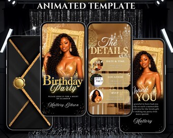 Girls Birthday Invitation Digital, Luxury and Modern Gold Canva Template Video Invite, Instant Download.