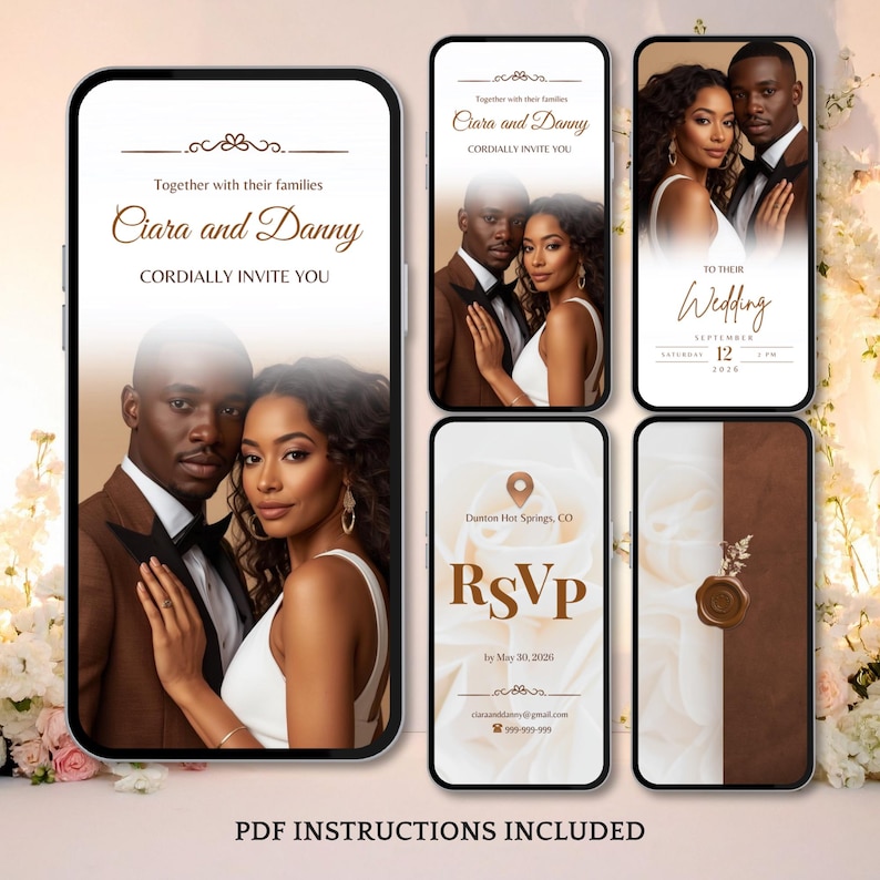 Pu&ograve; includere: Suite di inviti di nozze digitali con foto di coppia, testo "Ciara and Danny vi invitano cordialmente." Include dettagli RSVP e matrimonio. Il design &egrave; nei toni del marrone e del bianco, con accenti floreali.
