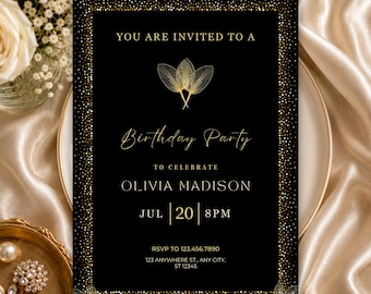 Birthday Party Invite, Luxury Black Gold Canva Template Invitation Card, Digital Download.