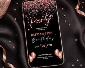 Girl Birthday Invitations, Modern Rose Gold Canva Template Invite, Digital Download.