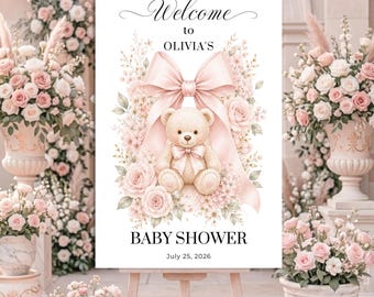 Teddy Bear Baby Shower Welcome Sign, Girl Canva Template Poster, Digital Download.