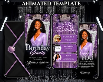 Girls Birthday Invitation Digital, Luxury Purple Canva Video Invite, Instant Download.