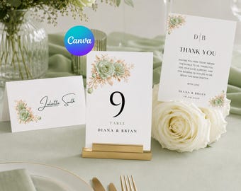 Wedding Table Number Template, Personalized Wedding Thank You Card, Editable Wedding Place Cards, Digital Download