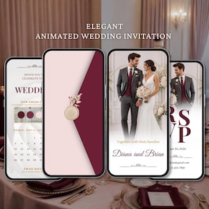 Puede incluir: Cuatro pantallas de smartphone que muestran una invitación de boda animada con colores burdeos y crema. Las pantallas incluyen texto como ELEGANT ANIMATED WEDDING INVITATION, un calendario, un sello de cera y una pareja con ropa de boda.