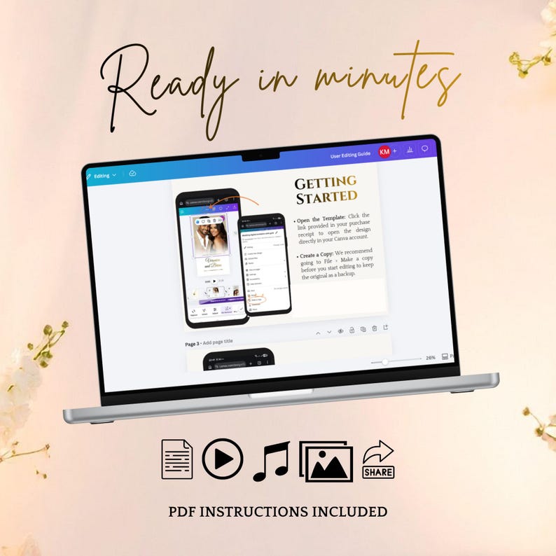 Pu&ograve; includere: Un laptop argentato mostra un modello di design con il testo "Getting Started" e le istruzioni. Due smartphone mostrano il design del modello. Sono visibili anche le parole "Ready in minutes" e "PDF Instructions Included".