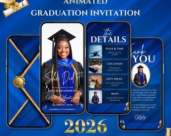 Graduation Invitation Template, Elegant Royal Blue Canva Video Invite, Congratulations Ceremony, Digital Download.