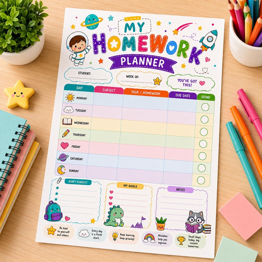 Digital & Printable Homework Planner Kids, Homeschool Student Planner ...