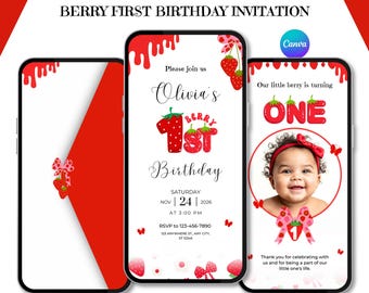 Berry First Birthday Invitation, Animated 1st Birthday Invite, Strawberry First Party, Editable Canva Template Video, Digital Download.
