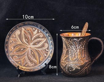 Hand-Carved Pure Copper Cup, Engraved Leaf Motifs, Vintage Turkish Tea Glass