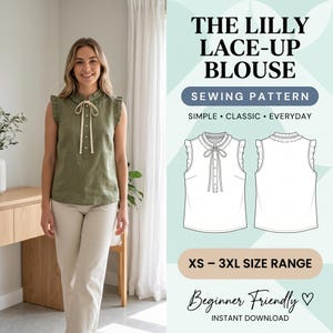 Ruffle Sleeveless Blouse Sewing Pattern PDF | Tie Neck Button Front Top | Ruffle Collar Women's Summer Top Pattern | Instant Download