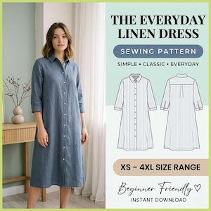 Könnte beinhalten: Eine Frau trägt ein blaues Leinenkleid. Das Bild zeigt auch ein Schnittmuster für "The Everyday Linen Dress". Das Muster wird als einfach, klassisch und alltagstauglich beschrieben, mit Größen von XS bis 4XL. Das Muster ist anfängerfreundlich und sofort zum Download verfügbar.