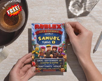 Zaproszenie urodzinowe Roblox, edytowalny szablon Canva, (pobranie cyfrowe)