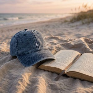 May include: A blue acid-wash baseball cap featuring a small, white embroidered sun icon on the front panel. The cap has a curved brim and a structured crown, positioned next to an open hardcover book with visible text on the pages.
