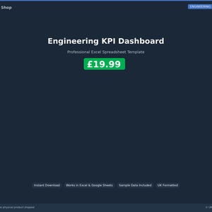Può includere: Grafica blu scuro con il testo "Engineering KPI Dashboard" e "Professional Excel Spreadsheet Template." Una casella verde mostra "£19.99." Il testo aggiuntivo include "Instant Download," "Works in Excel & Google Sheets" e "UK Formatted."