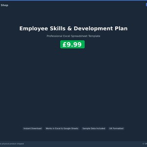 Könnte beinhalten: Dunkelblaues digitales Produktbild mit dem Text "Employee Skills & Development Plan" und "Professional Excel Spreadsheet Template". Ein grünes Feld zeigt den Preis "£9.99". Zusätzlicher Text enthält "Instant Download" und "UK Formatted".