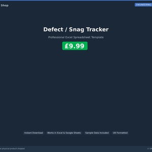 Op de afbeelding: Donkerblauwe digitale productweergave met de tekst "Defect / Snag Tracker" en "Professional Excel Spreadsheet Template". Een groene doos toont de prijs. De rechterbovenhoek heeft de tekst "ENGINEERING - MAINTENANCE."