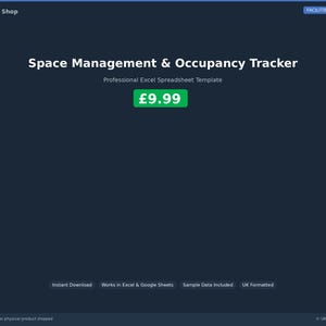 以下が含まれることがあります： 「Space Management & Occupancy Tracker」と「Professional Excel Spreadsheet Template」のテキストが入った濃い青色のグラフィック。緑色のボックスに価格が表示されています。左上隅には「UK Template Shop」と書かれています。