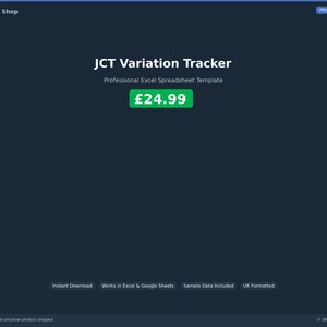 Op de afbeelding: Donkerblauwe digitale productweergave met de tekst "JCT Variation Tracker" en "Professional Excel Spreadsheet Template". Een groene doos toont "£24.99". Extra tekst bevat "Instant Download" en "UK Formatted".