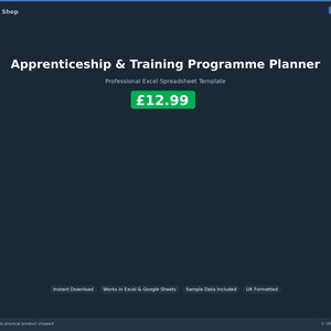 Könnte beinhalten: Dunkelblaues digitales Produktbild mit dem Text "Apprenticeship & Training Programme Planner". Der Preis wird mit £12,99 angezeigt. Zusätzlicher Text enthält "Professional Excel Spreadsheet Template", "Instant Download" und "UK Formatted".