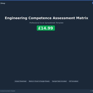 May include: A dark blue digital product image with white text that reads "Engineering Competence Assessment Matrix". The price is displayed in a green box. Additional text includes "Professional Excel Spreadsheet Template".