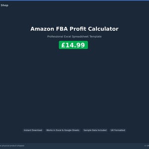 May include: Dark blue digital product image with the text "Amazon FBA Profit Calculator" and "Professional Excel Spreadsheet Template." A green box displays the price. Additional text includes "Instant Download" and "UK Formatted."