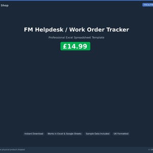Peut inclure: Modèle numérique bleu foncé pour FM Helpdesk / Work Order Tracker, une feuille de calcul Excel professionnelle. Le prix est de 14,99 £. Le texte supplémentaire comprend "Téléchargement instantané" et "Formaté UK".