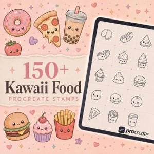 Pode incluir: Uma coleção digital de 150+ carimbos Procreate Kawaii Food com ilustrações coloridas de donut, fatia de pizza, chá boba, morango, hambúrguer, cupcake e batatas fritas, ao lado de uma tela de tablet exibindo ícones de arte linear em preto e branco.