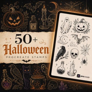 50+ Halloween-stämpelpenslar för Procreate | Kawaii Spooky Stamp Bundle | Procreate-penselset | Procreate Custom Toolkit | Direktnedladdning