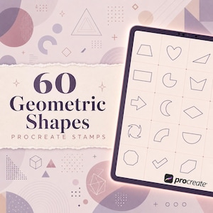 May include: A digital tablet displaying a grid of various geometric line art shapes, including a heart, arrow, and crescent. The screen features the Procreate logo. The background is a light purple with abstract patterns and the text 60 Geometric Shapes Procreate Stamps.