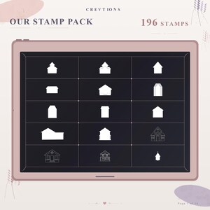 May include: A digital tablet screen displaying a grid of 12 white house icons on a dark background. The text at the top reads CREVTIONS OUR STAMP PACK 196 STAMPS. The bottom right corner displays the text Page 1 of 14. The tablet has a pink frame.
