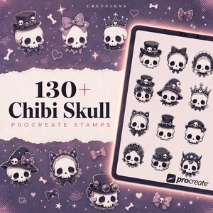 Könnte beinhalten: Eine digitale Sammlung von 130+ Chibi Skull Procreate-Stempeln mit verschiedenen Totenköpfen, die mit Hüten, Schleifen, Kronen und Brillen verziert sind. Die violette Grafik zeigt mehrere Totenkopf-Illustrationen auf einem Tablet.
