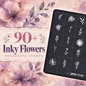 Op de afbeelding: Een digitale tablet met een raster van witte lijntekeningen van bloemen op een donkere achtergrond. De tekst 90+ Inky Flowers Procreate Stamps staat centraal op een lichtroze aquarelachtergrond met grote, zachte paarse bloemillustraties.