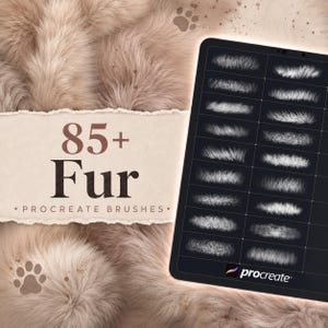 Puede incluir: Una pantalla digital que muestra una cuadrícula de más de 85 pinceles de textura de pelaje para Procreate en blanco sobre fondo negro, sobre un fondo de piel sintética beige con el texto 85+ Fur PROCREATE BRUSHES en papel rasgado.