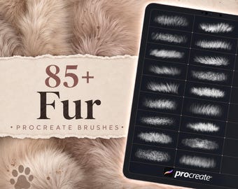 May include: A digital display showing a grid of 85+ fur texture Procreate brushes in white against a black background, positioned over a beige faux fur backdrop with the text 85+ Fur PROCREATE BRUSHES printed on a torn paper-style overlay.