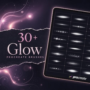 Peut inclure: Une tablette numérique affichant une grille de plus de 30 effets de lumière blanche et motifs de reflets. Le texte 30+ Glow PROCREATE BRUSHES apparaît sur un fond violet foncé avec des traînées lumineuses et une texture de papier déchiré.