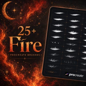 Könnte beinhalten: Ein digitales Display mit einer Sammlung von 25+ Feuer-Procreate-Pinseln, die weiße Flammen- und Funkenstriche auf einem dunklen Raster zeigen. Der Hintergrund zeigt feurige orangefarbene und rote Nebelwolken mit einer Mondsichel.