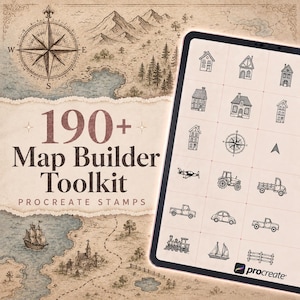 May include: A digital toolkit for Procreate featuring over 190 map builder stamps. The display shows a tablet screen with a grid of black line art icons including houses, vehicles, and a compass, set against a vintage-style illustrated map background.