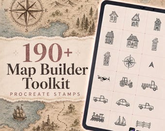 Más de 190 pinceles de sellos para el kit de herramientas de creación de mapas para Procreate | Paquete de sellos de mapas | Conjunto de pinceles para Procreate | Kit de herramientas personalizado para Procreate | Descarga instantánea
