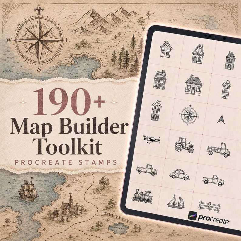 May include: A digital toolkit for Procreate featuring over 190 map builder stamps. The display shows a tablet screen with a grid of black line art icons including houses, vehicles, and a compass, set against a vintage-style illustrated map background.