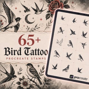 Op de afbeelding: Een digitale collectie van 65+ vogel-tattoo Procreate-stempels met zwart-witillustraties van diverse vogels, bloemen en een maansikkel. De set bevat een tablet met een raster van vogelontwerpen en de tekst 65+ Bird Tattoo.