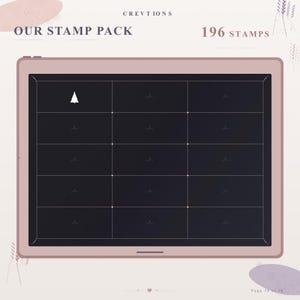May include: A digital tablet screen displaying a grid of 15 rectangular slots with a light pink frame. The text reads OUR STAMP PACK and 196 STAMPS. One slot contains a small white Christmas tree icon, while the others are empty dark rectangles.