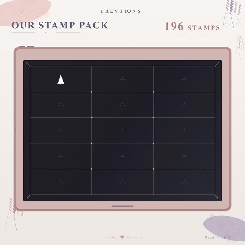 May include: A digital tablet screen displaying a grid of 15 rectangular slots with a light pink frame. The text reads OUR STAMP PACK and 196 STAMPS. One slot contains a small white Christmas tree icon, while the others are empty dark rectangles.