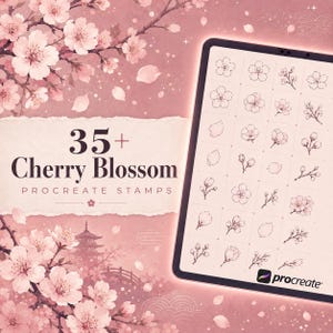 May include: A digital tablet displaying a grid of 35+ cherry blossom Procreate stamps in black line art. The background features a soft pink illustration of cherry blossom branches and a pagoda. The text reads 35+ Cherry Blossom PROCREATE STAMPS.