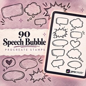Op de afbeelding: Een digitale tablet met een verzameling handgetekende zwart-wit illustraties van tekstballonnen. De tekst 90 Speech Bubble PROCREATE STAMPS is zichtbaar op een getextureerde mauve achtergrond, samen met diverse stripachtige denk- en tekstballonnen.