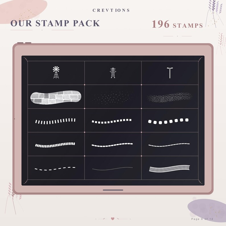 May include: A digital tablet screen displaying a grid of 196 stamps, featuring white icons of a windmill, power tower, and utility pole, alongside various textured and dashed line patterns on a dark background with the text OUR STAMP PACK.