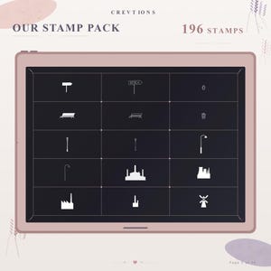May include: A digital tablet with a light pink frame displaying a grid of white line-art icons on a dark background. The text at the top reads CREVTIONS, OUR STAMP PACK, and 196 STAMPS. The icons include street signs, benches, lamps, and buildings.